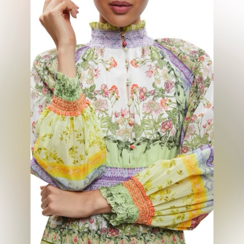 Alice + Olivia Pastel Floral Tiered Mini Dress in Green, Yellow, Purple - Picture 5 of 6